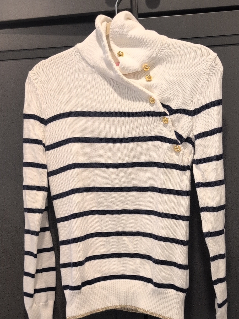 Cream and Navy Striped Button-Shoulder Sweater